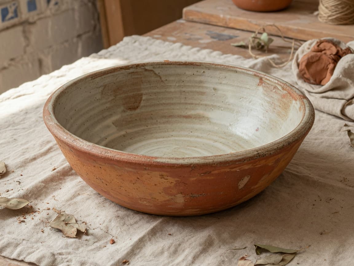 Tigela de cerâmica com exterior terracota e interior creme