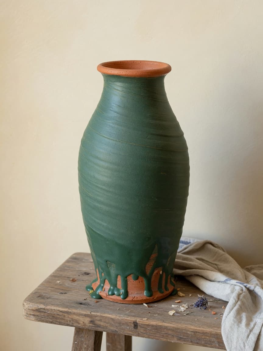 Vaso alto de cerâmica com esmalte verde-petróleo