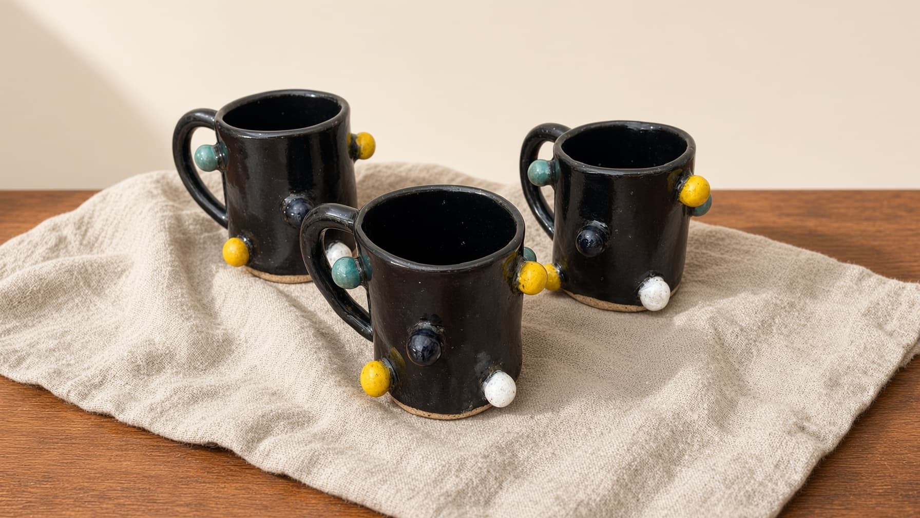 Três canecas pretas de cerâmica com bolinhas amarela, branca, verde e azul