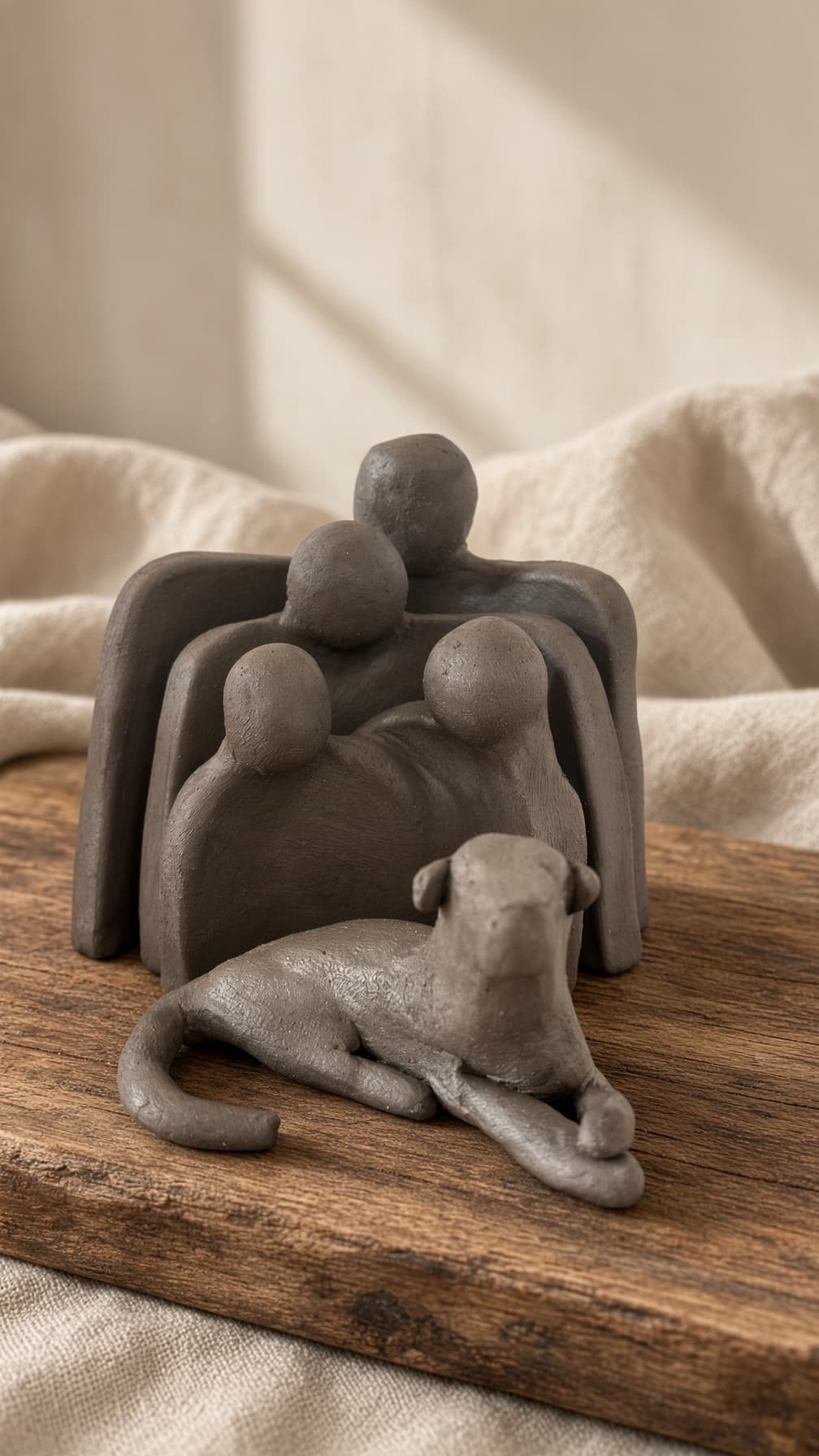 Escultura de cerâmica com quatro figuras e um cão deitado