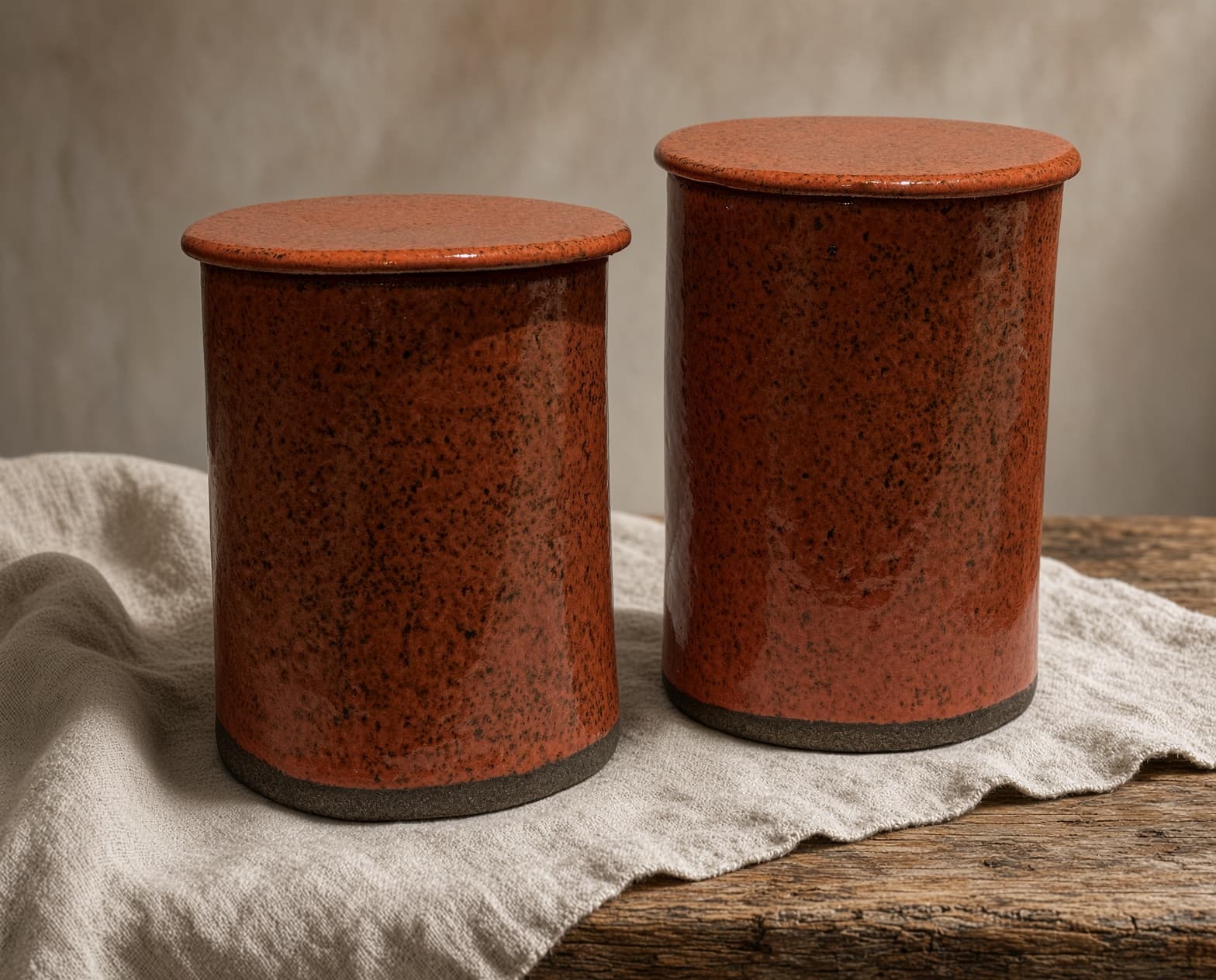 Dois potes cilíndricos com tampa, esmalte terracota salpicado